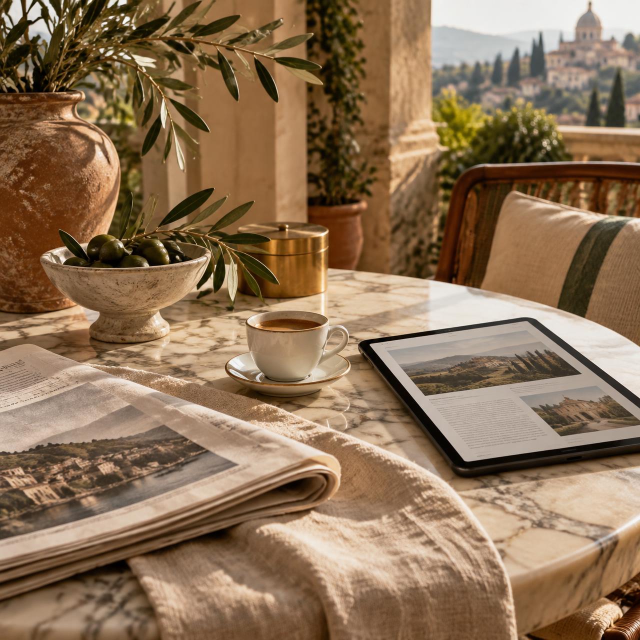 Tavolo con giornale, caffè e tablet: la lettura del mattino